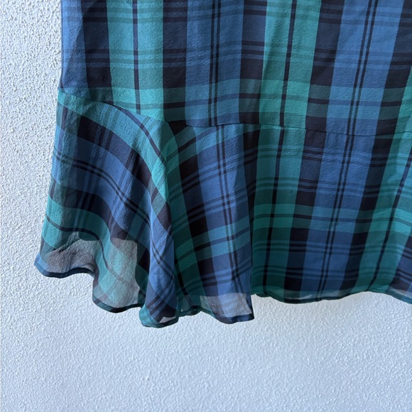 Madewell Silk Size 10 Blue Green Tartan Plaid Ruffle Flounce Hem Sheer Sleeves - Picture 7 of 15